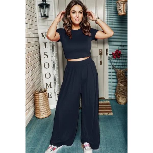 Short Sleeve Top and Wide Leg Pants Set