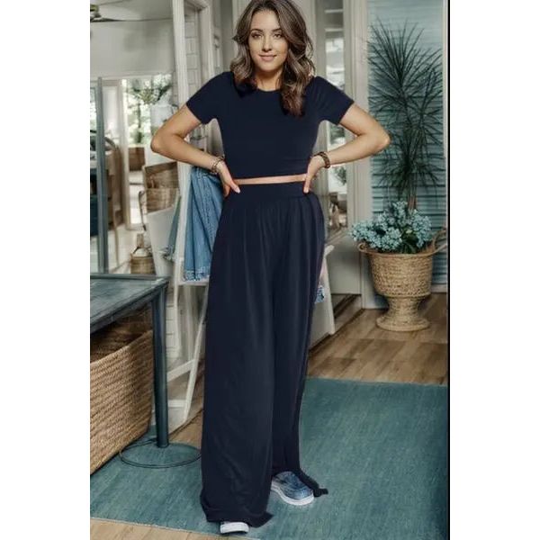 Short Sleeve Top and Wide Leg Pants Set