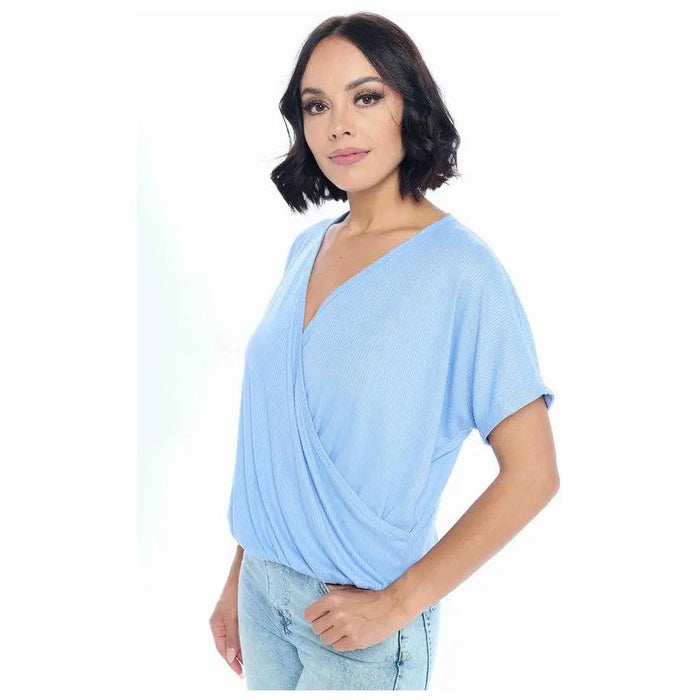 Short Sleeve V neck Rib Knit Surplice Top