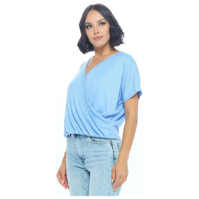 Short Sleeve V neck Rib Knit Surplice Top