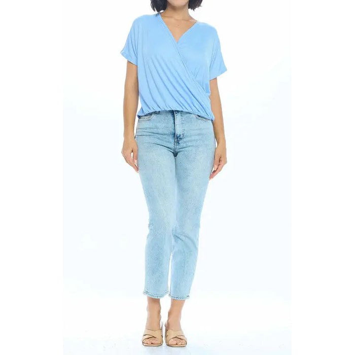 Short Sleeve V neck Rib Knit Surplice Top