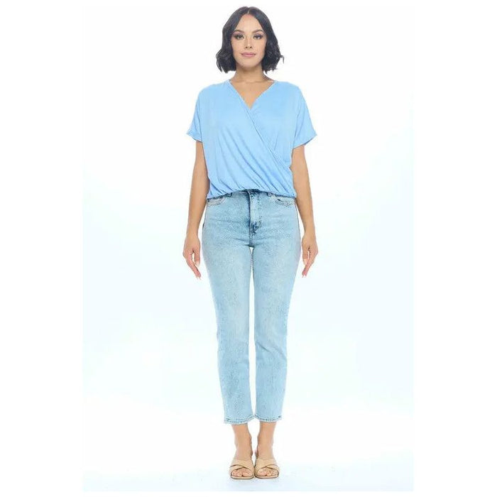 Short Sleeve V neck Rib Knit Surplice Top