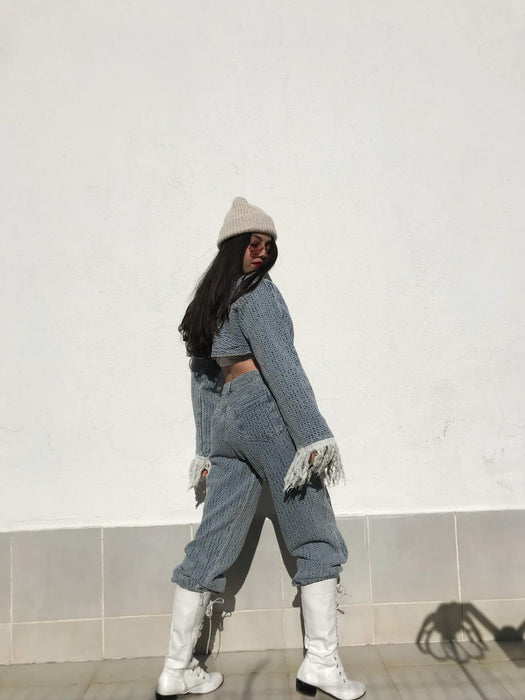 Short Denim Jacket Wide Leg Pants Two Piece Set