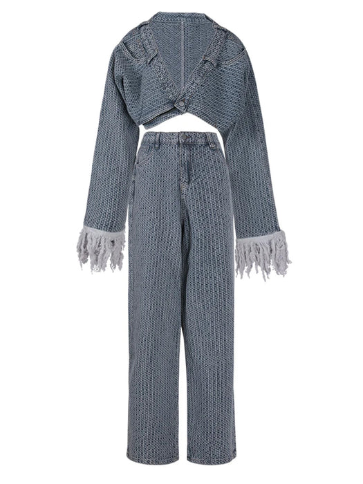 Short Denim Jacket Wide Leg Pants Two Piece Set