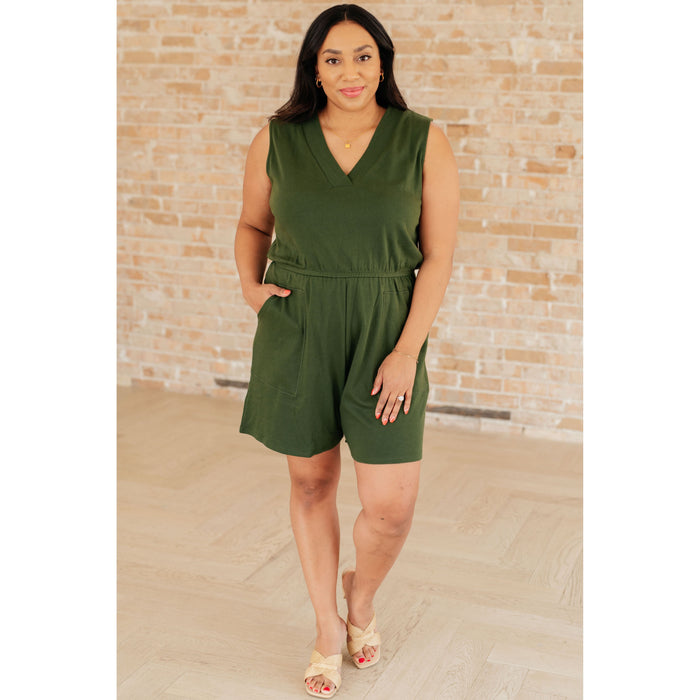 Sleeveless V-Neck Romper in Army Green