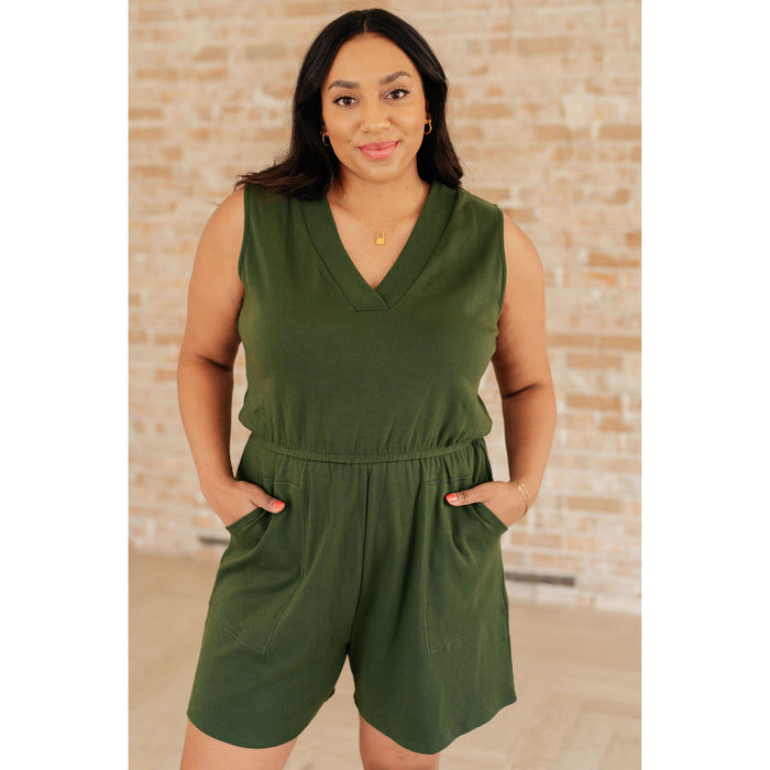 Sleeveless V-Neck Romper in Army Green