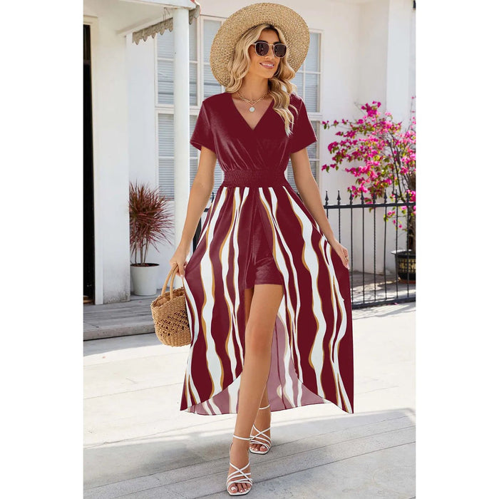 Smocked High-Low Printed Surplice Dress