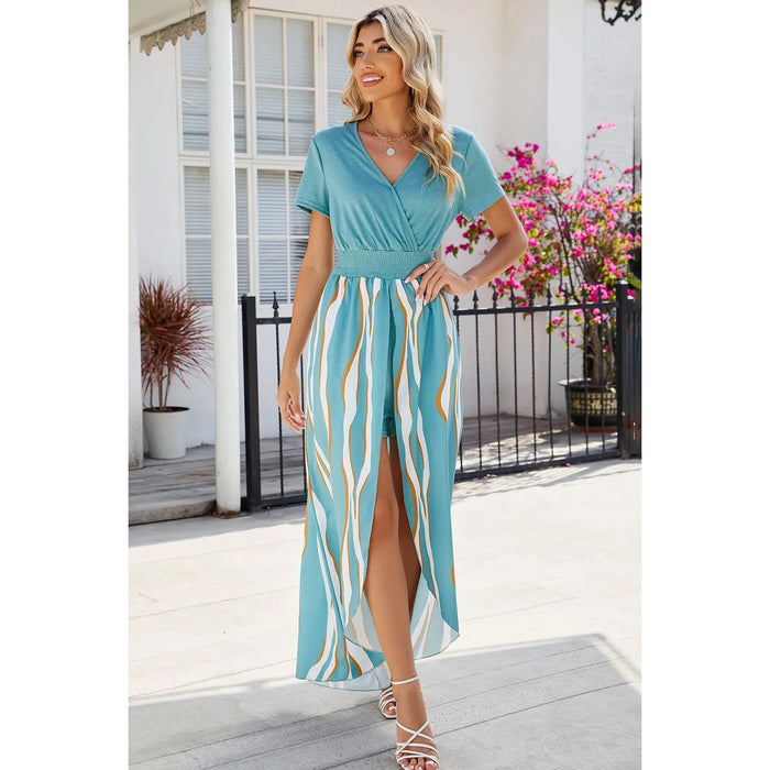 Smocked High-Low Printed Surplice Dress