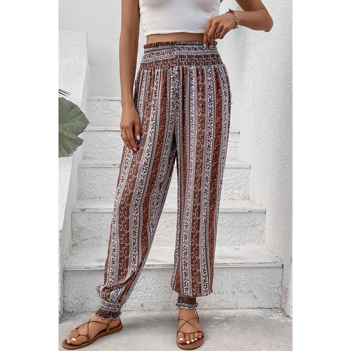 Smocked Printed High Waist Pants