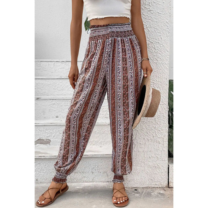 Smocked Printed High Waist Pants