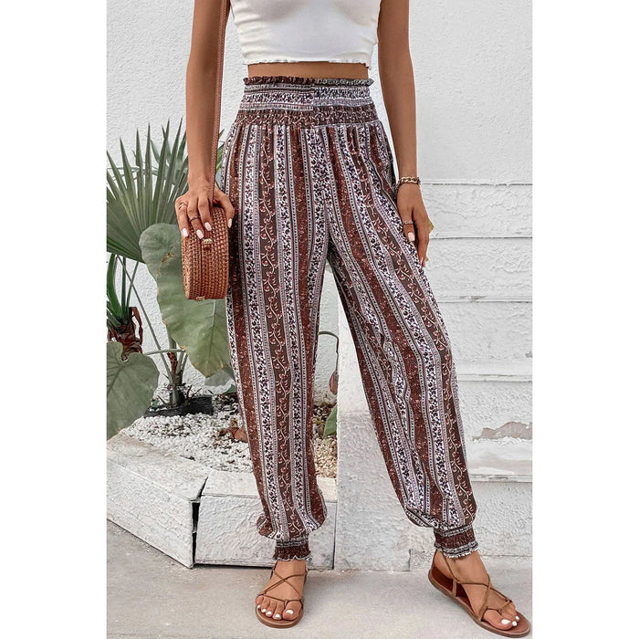 Smocked Printed High Waist Pants