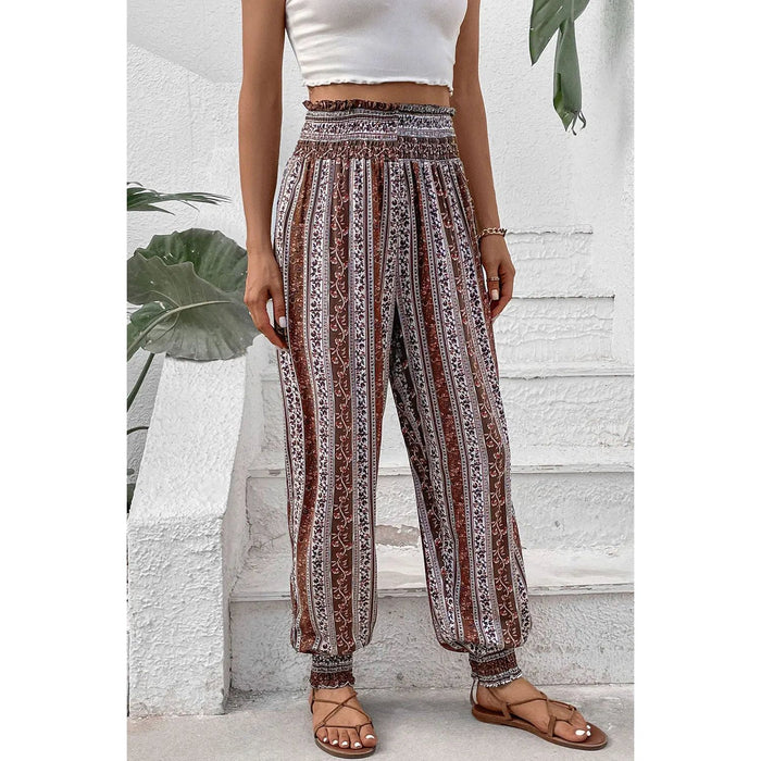 Smocked Printed High Waist Pants