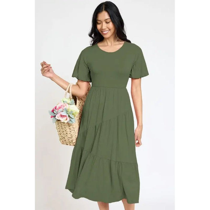 Solid Diagonal Tiered Flowy Dress