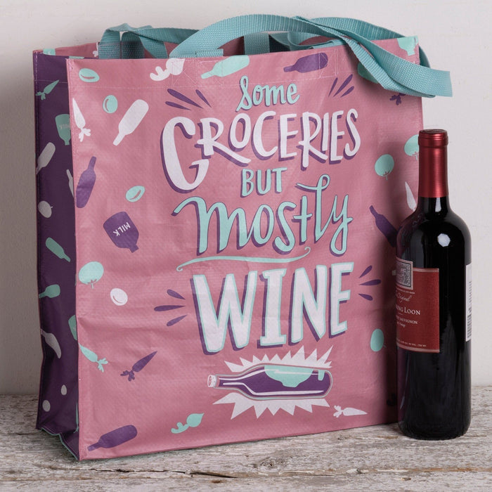 The Bullish Store - The Bullish Store - Some Groceries But Mostly Wine Large Market Tote Bag in Pink and Blue | 15.50" x 15.25" x 6"