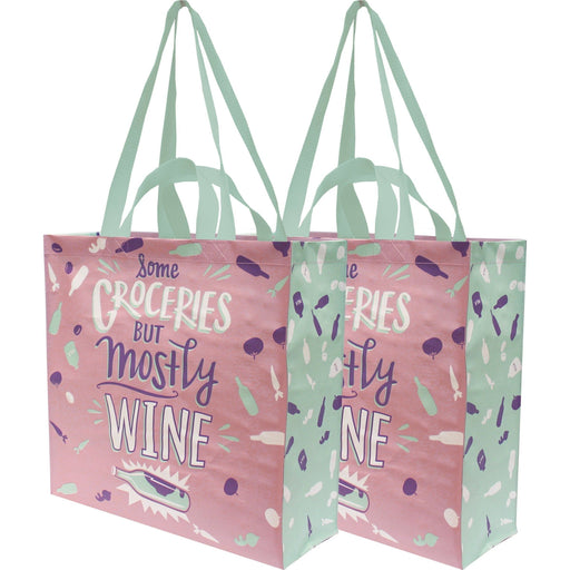 The Bullish Store - The Bullish Store - Some Groceries But Mostly Wine Large Market Tote Bag in Pink and Blue | 15.50" x 15.25" x 6"