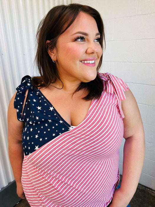 Stars & Stripes V Neck Shoulder Tie Detail Top