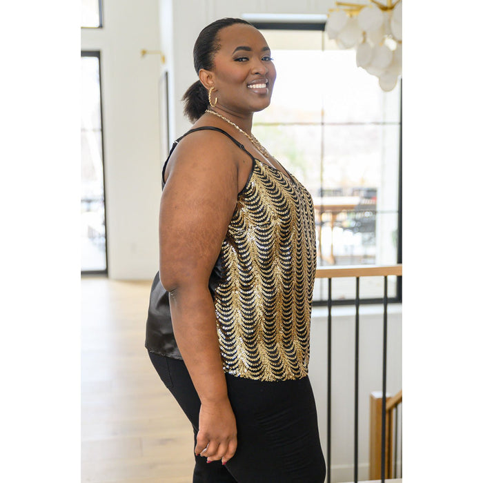 Stayin' Alive V-Neck Sequin Tank in Gold