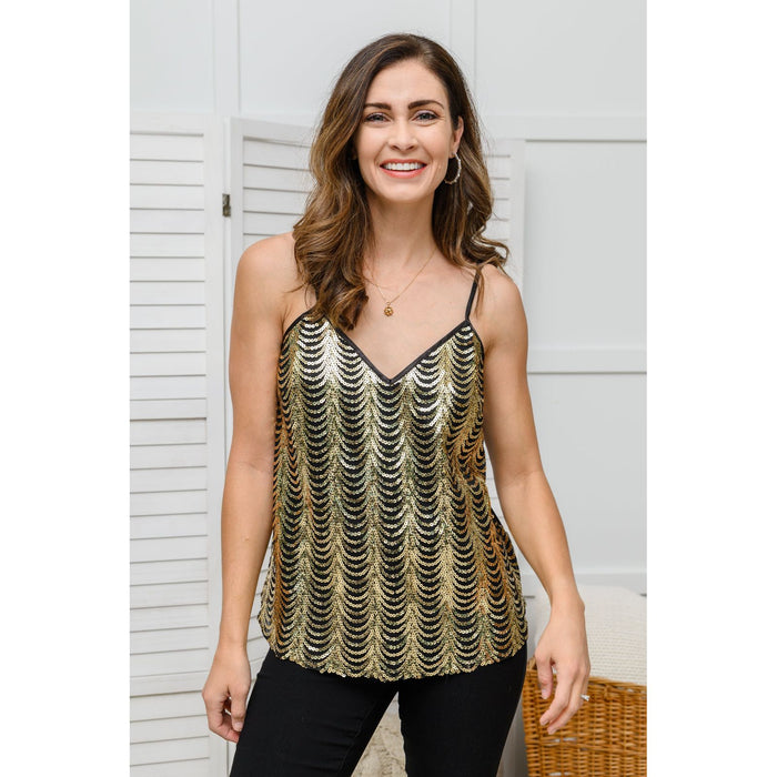 Stayin' Alive V-Neck Sequin Tank in Gold