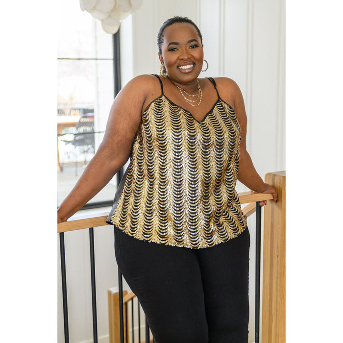 Stayin' Alive V-Neck Sequin Tank in Gold