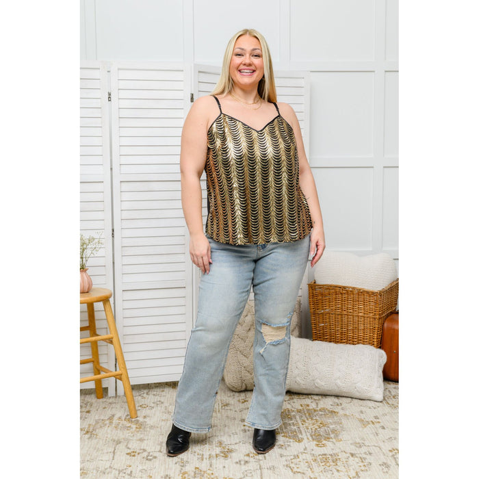 Stayin' Alive V-Neck Sequin Tank in Gold