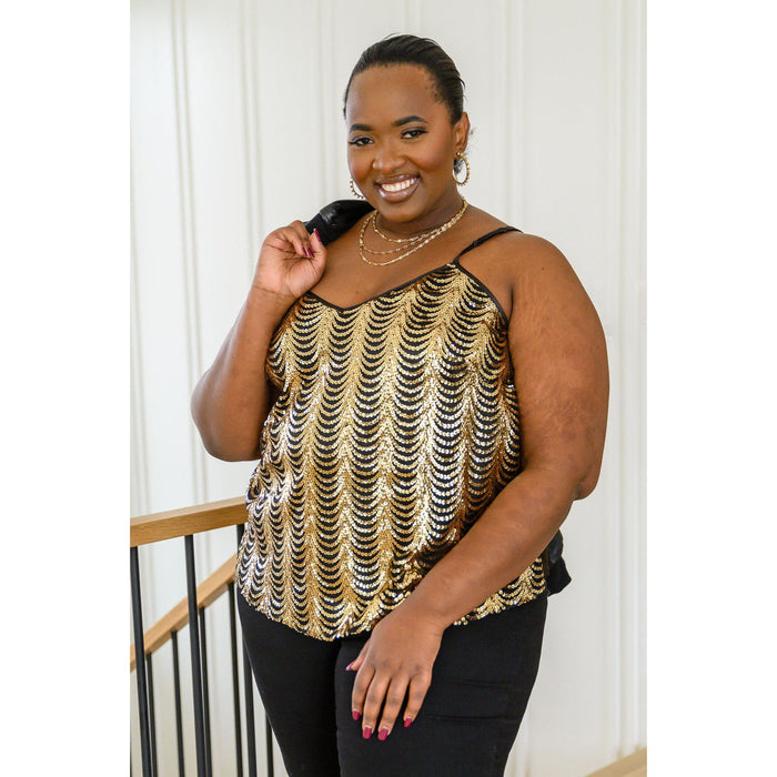 Stayin' Alive V-Neck Sequin Tank in Gold