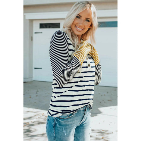 Striped Buttoned Long Sleeve Top