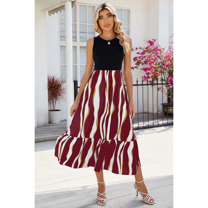 Striped Round Neck Sleeveless Midi Dress