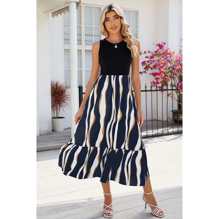 Striped Round Neck Sleeveless Midi Dress