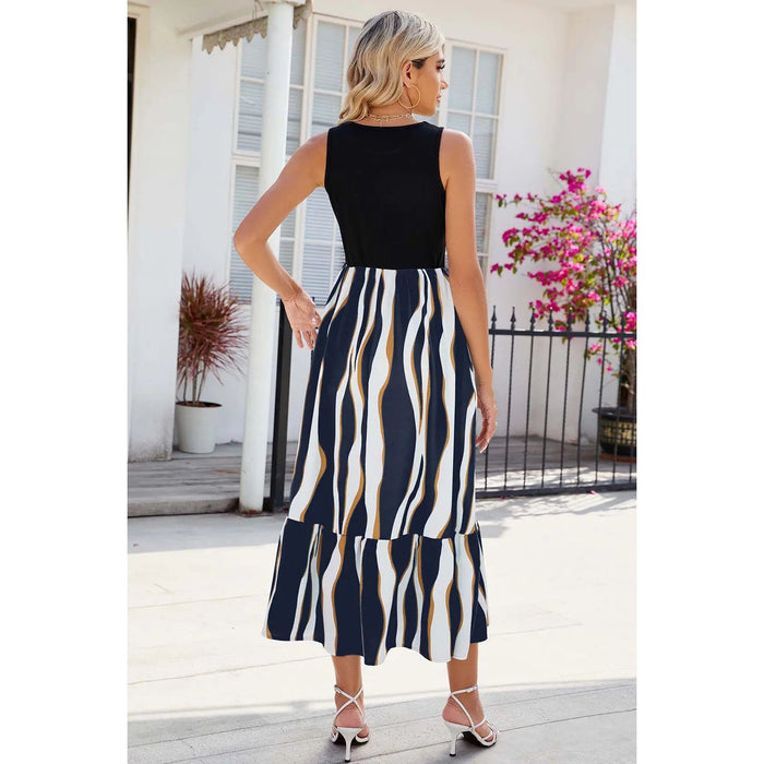 Striped Round Neck Sleeveless Midi Dress