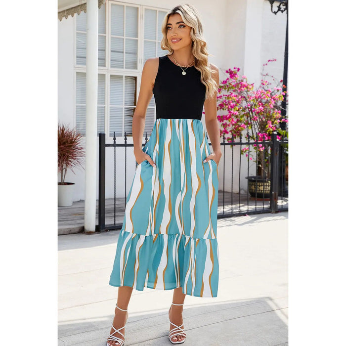 Striped Round Neck Sleeveless Midi Dress