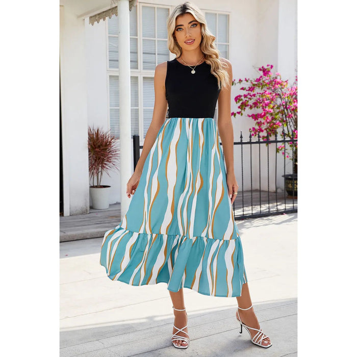 Striped Round Neck Sleeveless Midi Dress