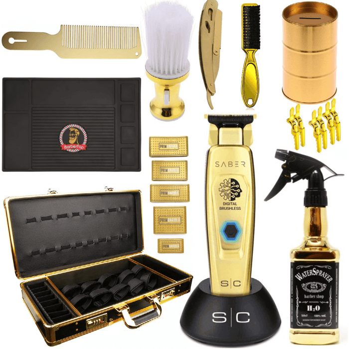 Professional Barber Combo Set Gold, Stylecraft Saber Trimmer #Sc405G, Carrying Case, Blade Storage, Straight Edge Razor, Clipper Grip, Fade Brush, Neck Duster, Flat Top Comb, Barber Hair Spray, Hair Clips, Barber Mat