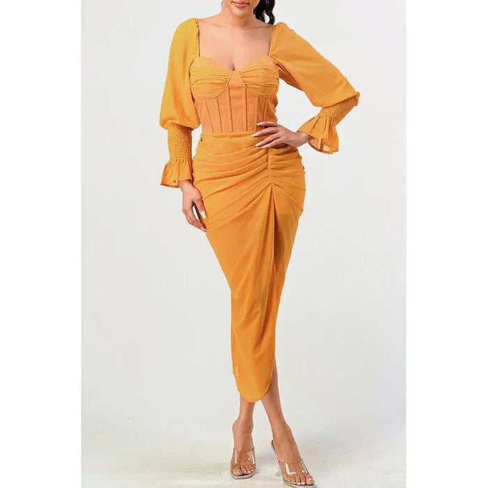 Summer Solid Yellow Long Sleeve Chiffon Dress