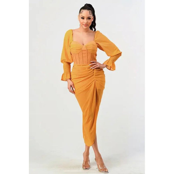 Summer Solid Yellow Long Sleeve Chiffon Dress