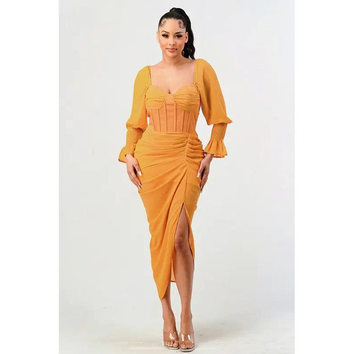 Summer Solid Yellow Long Sleeve Chiffon Dress