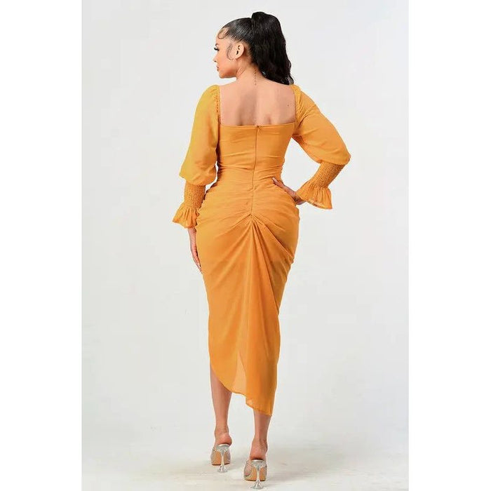 Summer Solid Yellow Long Sleeve Chiffon Dress