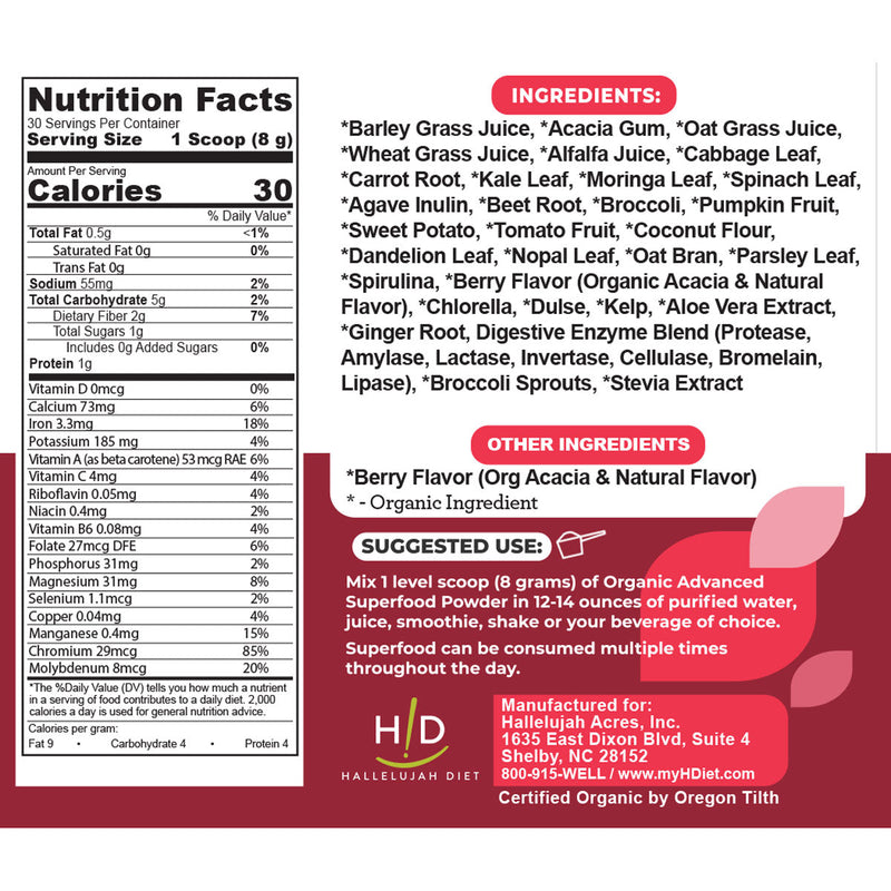 Hallelujah Diet Advanced Superfood, Greens and Vegetable (Berry) Powdered Superfood