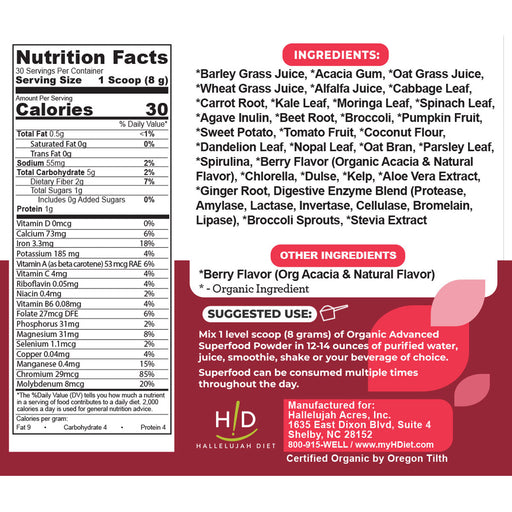 Hallelujah Diet Advanced Superfood, Greens and Vegetable (Berry) Powdered Superfood