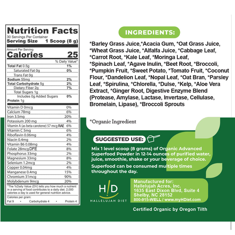 Hallelujah Diet Advanced Superfood, Greens and Vegetable (Plain) Powdered Superfood