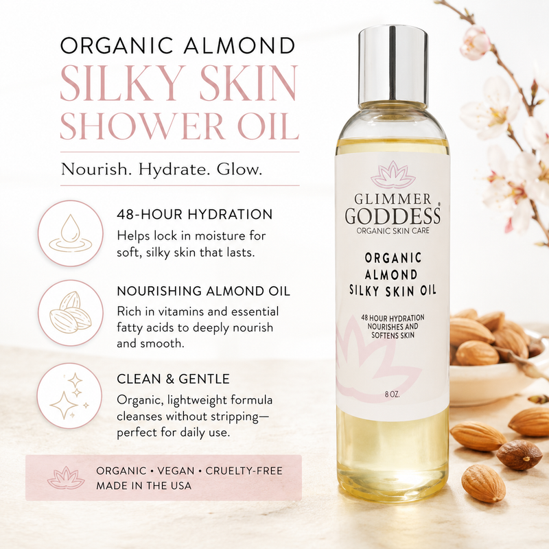 Glimmer Goddess® Organic Skin Care Organic Sweet Almond Silky Skin Oil – 48 Hour Hydration Lotion & Moisturizer White Smoke
