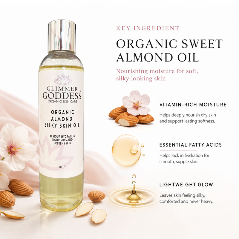 Glimmer Goddess® Organic Skin Care Organic Sweet Almond Silky Skin Oil – 48 Hour Hydration Lotion & Moisturizer White Smoke