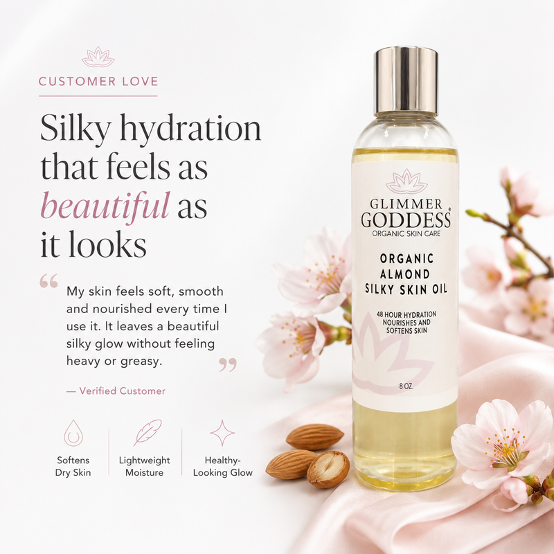 Glimmer Goddess® Organic Skin Care Organic Sweet Almond Silky Skin Oil – 48 Hour Hydration Lotion & Moisturizer White Smoke