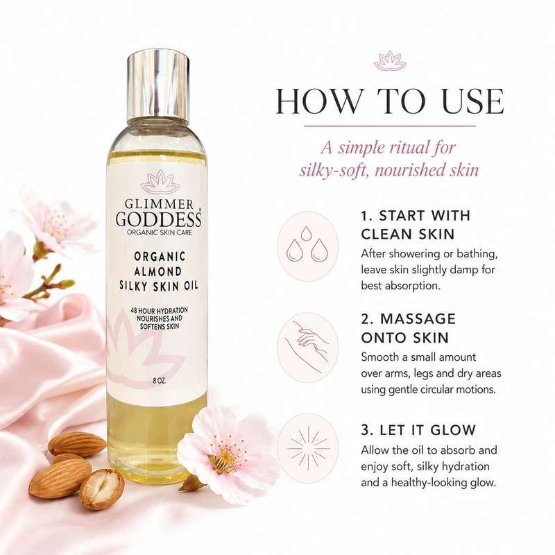Glimmer Goddess® Organic Skin Care Organic Sweet Almond Silky Skin Oil – 48 Hour Hydration Lotion & Moisturizer White Smoke