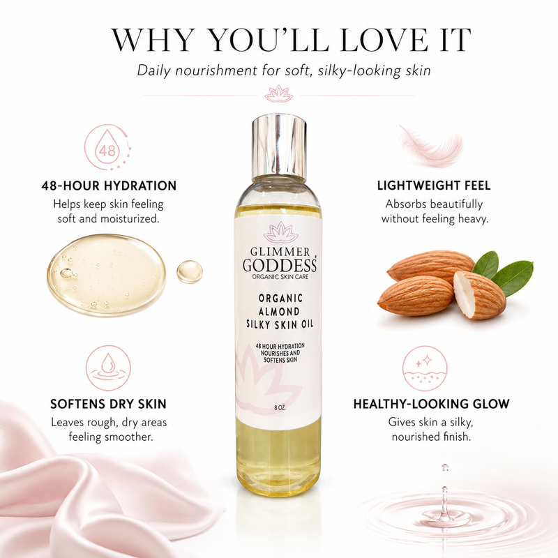 Glimmer Goddess® Organic Skin Care Organic Sweet Almond Silky Skin Oil – 48 Hour Hydration Lotion & Moisturizer White Smoke