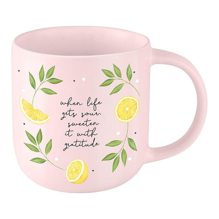 Sweeten It with Gratitude Lemon Stoneware Mug in Pink | Coffee Tea Cup | 18oz