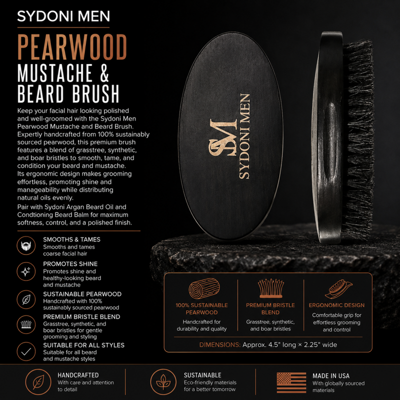 Sydoni Skincare and Beauty SYDONI MEN PEARWOOD MUSTACHE & BEARD BRUSH | Smooth, Groom & Style Beard Men Black