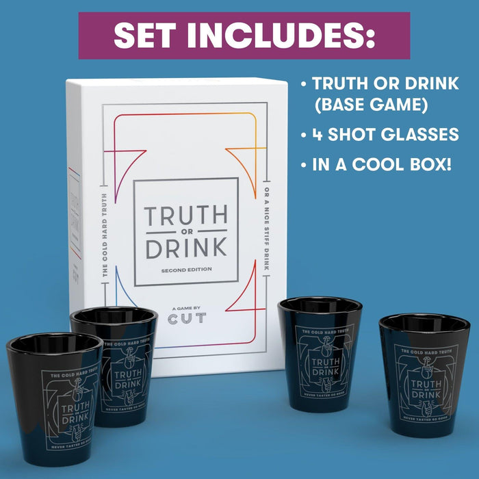 Truth or Drink + 4 Shot Glasses Set | Card Game and Custom Drinkware Combo