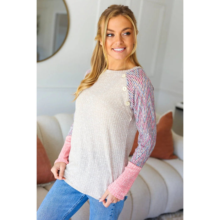 Take The Leap Pink & Taupe Two-Tone Rib Chevron Raglan Top