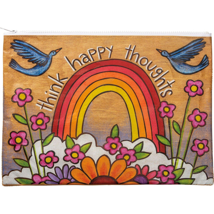 The Bullish Store - Think Happy Thoughts Zipper Folder In Rainbow And Flowers Design | Organizer Pouch Recycled Material | 14.25" X 10"