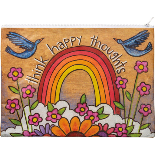 The Bullish Store - Think Happy Thoughts Zipper Folder In Rainbow And Flowers Design | Organizer Pouch Recycled Material | 14.25" X 10"